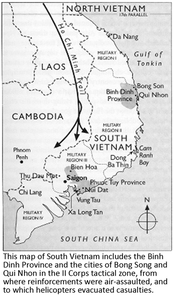 This map of South Vietnam includes the Binh Dinh Province and the cities of Bong Song and Qui Nhon in the II Corps tactical zone, from where reinforcements were air-assaulted, and to which helicopters evacuated casualties. 